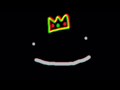 A screenshot from Ranboo's stream. It's Dream's smile logo in white, but Ranboo's crown logo sits on the face's head. The whole thing looks smeared like a VHS filter or misaligned ink. The background is black.